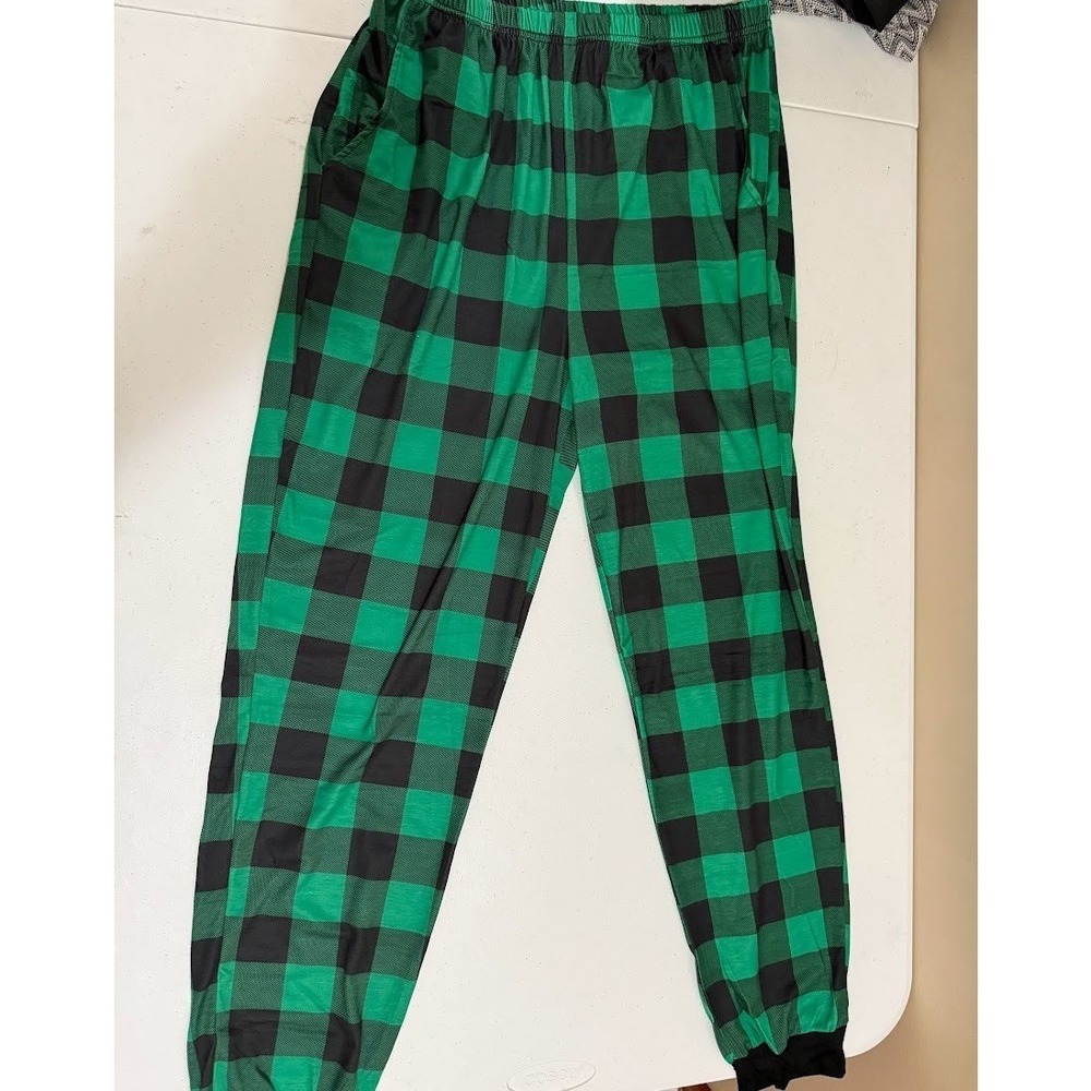 Green Black Buffalo Plaid Pajama Jogger Pants Small Side Pockets Cuffed Sleep